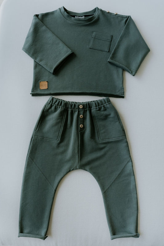 Komplet dziecięcy retro zielony | bluza + spodnie | Habi Kids