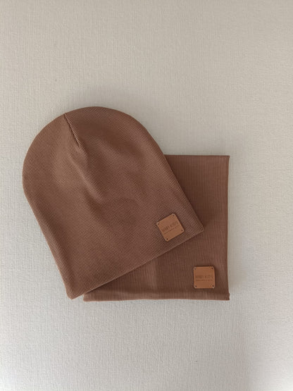 Komplet dziecięcy czapka + komin Brąz| prążkowana dzianina rib | Habi Kids