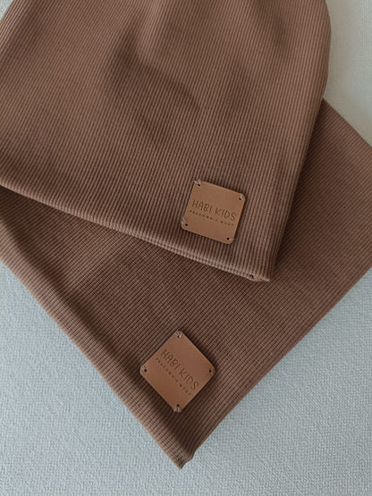 Komplet dziecięcy czapka + komin Brąz| prążkowana dzianina rib | Habi Kids